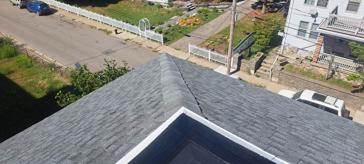 Gray asphalt shingle roof with a skylight seen from above, residential street below